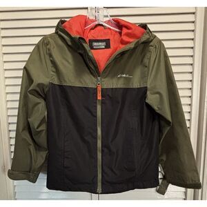 Eddie Bauer Double Zip Up Jacket Hood Size‎ Small Olive/Black Pockets Logo